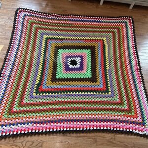Vintage Hand Crocheted Afghan Blanket Striped Retro Couch Sofa Bed Throw 68 X 65